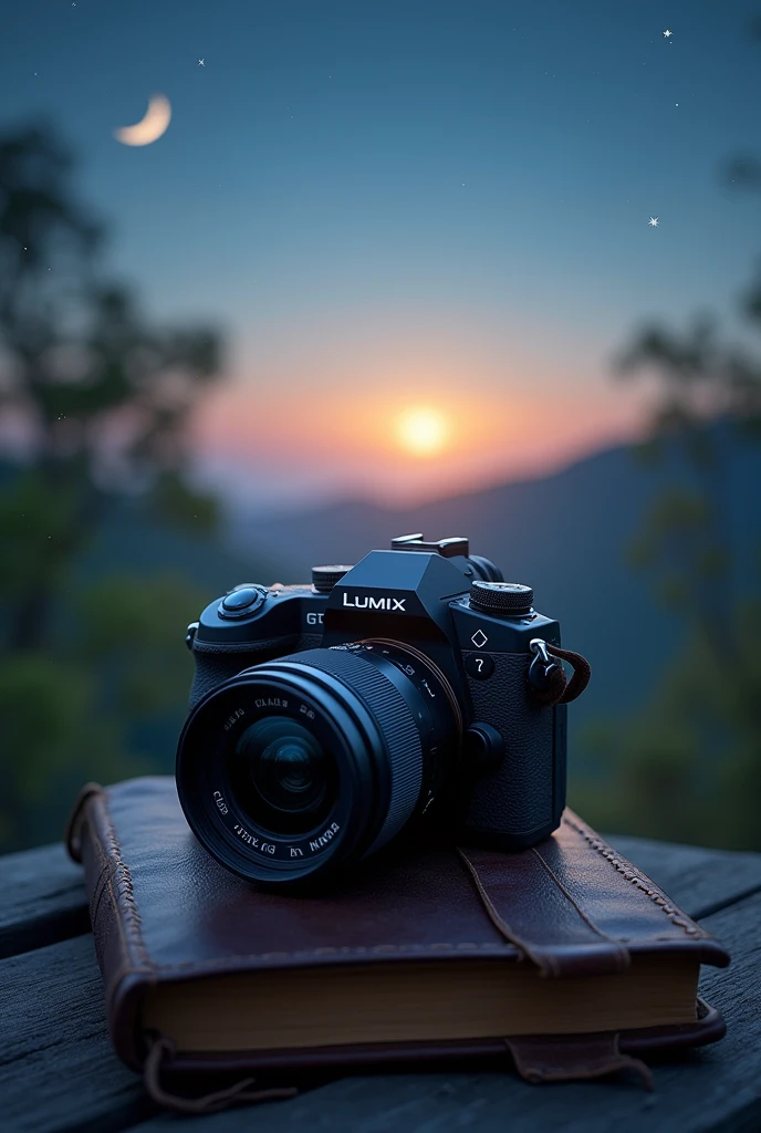 Lumix g7 Camera on foreground over a beautiful diary photographing photography of beautiful  last star and moon of early morning sky hyper realistic image