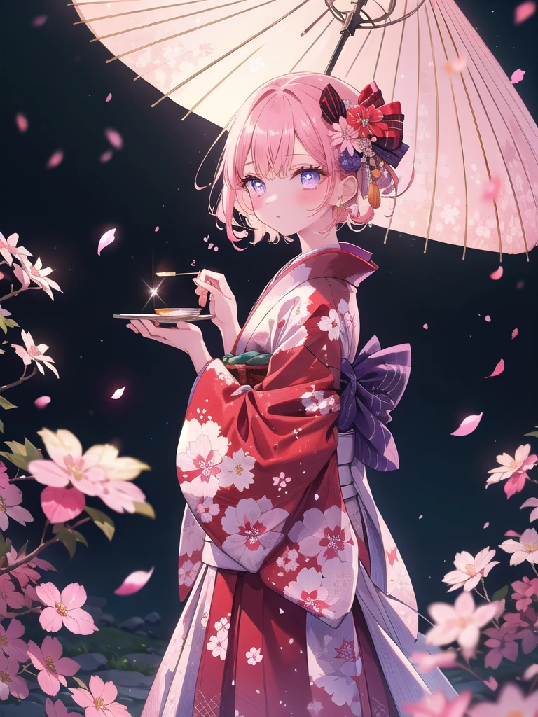 ((8k, Highest quality, masterpiece: 1.3)),Ultra-high resolution,(1 girl, alone), (Color changing eyes, Ultra-detailed, Expressive brilliance, Glitter, Glowing Eyes), Highly detailed eyes, Highly detailed face, Random Hair, ((pastel colour)),A young woman with pastel pink hair styled into elegant curls, wearing a traditional Japanese kimono in deep red with gold and white floral patterns. The kimono is intricately wrapped, with an obi tied in a large bow at her back. She stands gracefully in a traditional Japanese garden during the early morning, the first light of dawn casting a soft glow on the scene. The camera captures her from a side angle as she delicately holds a paper parasol, her gaze serene and reflective. Cherry blossoms are in full bloom around her, their petals gently falling as a light breeze passes by.