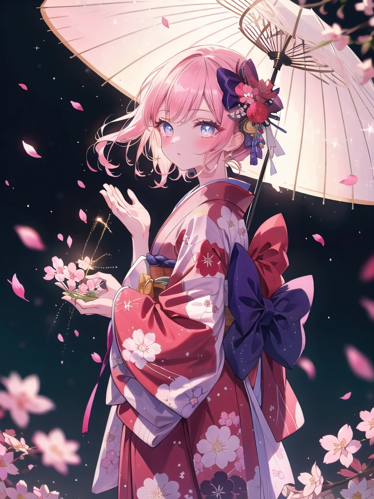 ((8k, Highest quality, masterpiece: 1.3)),Ultra-high resolution,(1 girl, alone), (Color changing eyes, Ultra-detailed, Expressive brilliance, Glitter, Glowing Eyes), Highly detailed eyes, Highly detailed face, Random Hair, ((pastel colour)),A young woman with pastel pink hair styled into elegant curls, wearing a traditional Japanese kimono in deep red with gold and white floral patterns. The kimono is intricately wrapped, with an obi tied in a large bow at her back. She stands gracefully in a traditional Japanese garden during the early morning, the first light of dawn casting a soft glow on the scene. The camera captures her from a side angle as she delicately holds a paper parasol, her gaze serene and reflective. Cherry blossoms are in full bloom around her, their petals gently falling as a light breeze passes by.