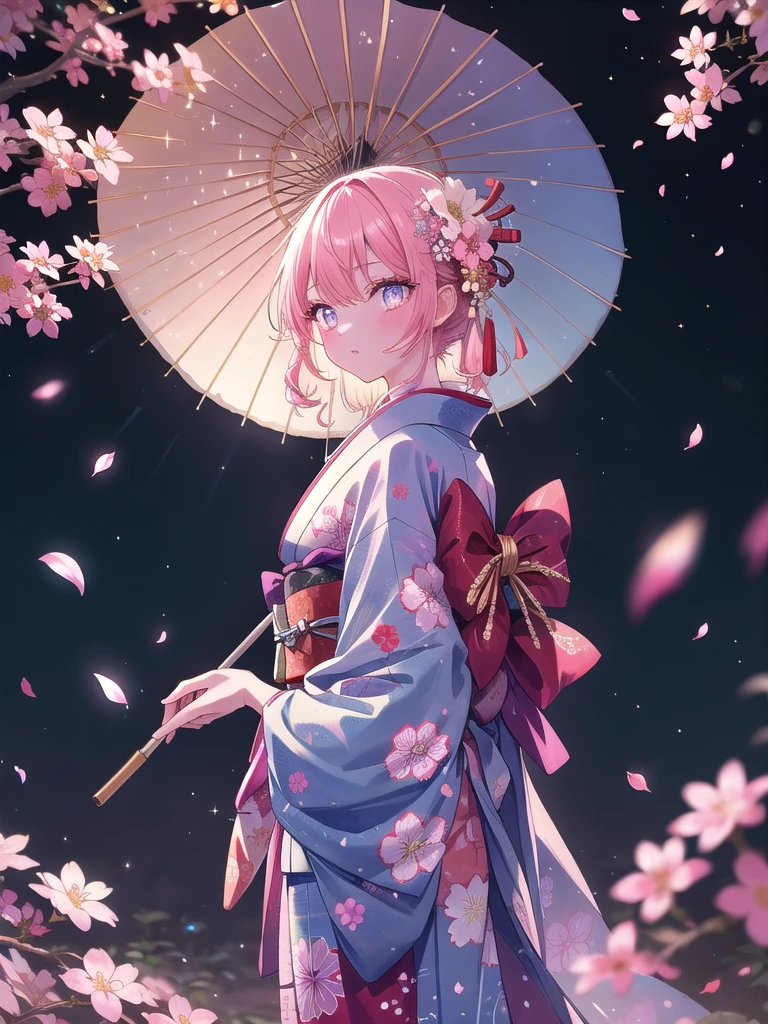 ((8k, Highest quality, masterpiece: 1.3)),Ultra-high resolution,(1 girl, alone), (Color changing eyes, Ultra-detailed, Expressive brilliance, Glitter, Glowing Eyes), Highly detailed eyes, Highly detailed face, Random Hair, ((pastel colour)),A young woman with pastel pink hair styled into elegant curls, wearing a traditional Japanese kimono in deep red with gold and white floral patterns. The kimono is intricately wrapped, with an obi tied in a large bow at her back. She stands gracefully in a traditional Japanese garden during the early morning, the first light of dawn casting a soft glow on the scene. The camera captures her from a side angle as she delicately holds a paper parasol, her gaze serene and reflective. Cherry blossoms are in full bloom around her, their petals gently falling as a light breeze passes by.