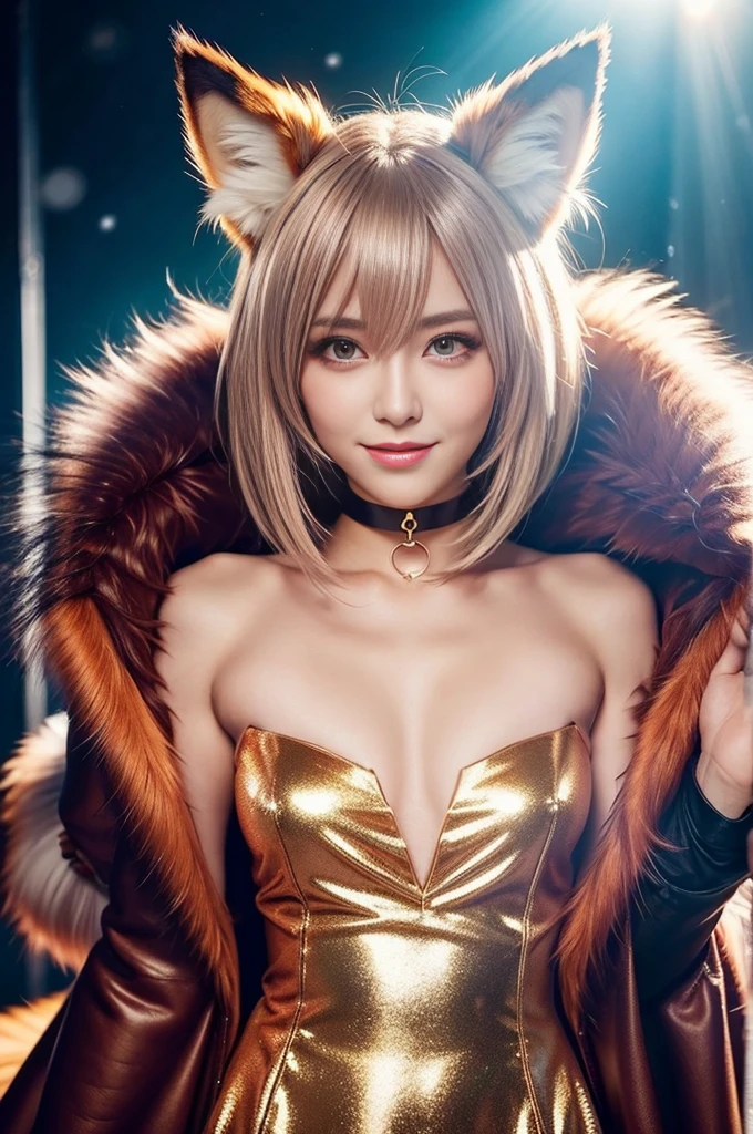 sexy swedish model, (-anime), only 1 model, very short hair, beautiful smile, lip-gloss, long lashes, defined eyebrows, long fur fox color scheme, ((long fur fox cosplay)), fox ears, fox tail, fox choker, look at the camera, cinematic light, (sparkling long fur background), sweet and sexy pose