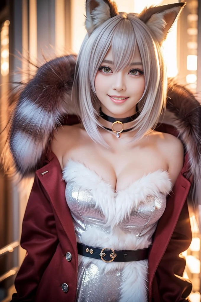 sexy swedish model, (-anime), only 1 model, very short hair, beautiful smile, lip-gloss, long lashes, defined eyebrows, long fur fox color scheme, ((long fur fox cosplay)), fox ears, fox tail, fox choker, look at the camera, cinematic light, (sparkling long fur background), sweet and sexy pose