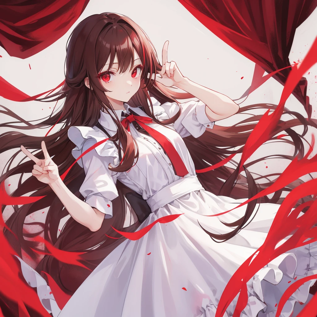 Maid clothes,Red eyes,Long Hair,Brown Hair,girl,He is making a peace sign with his left hand and looking at me.,Smooth hair,