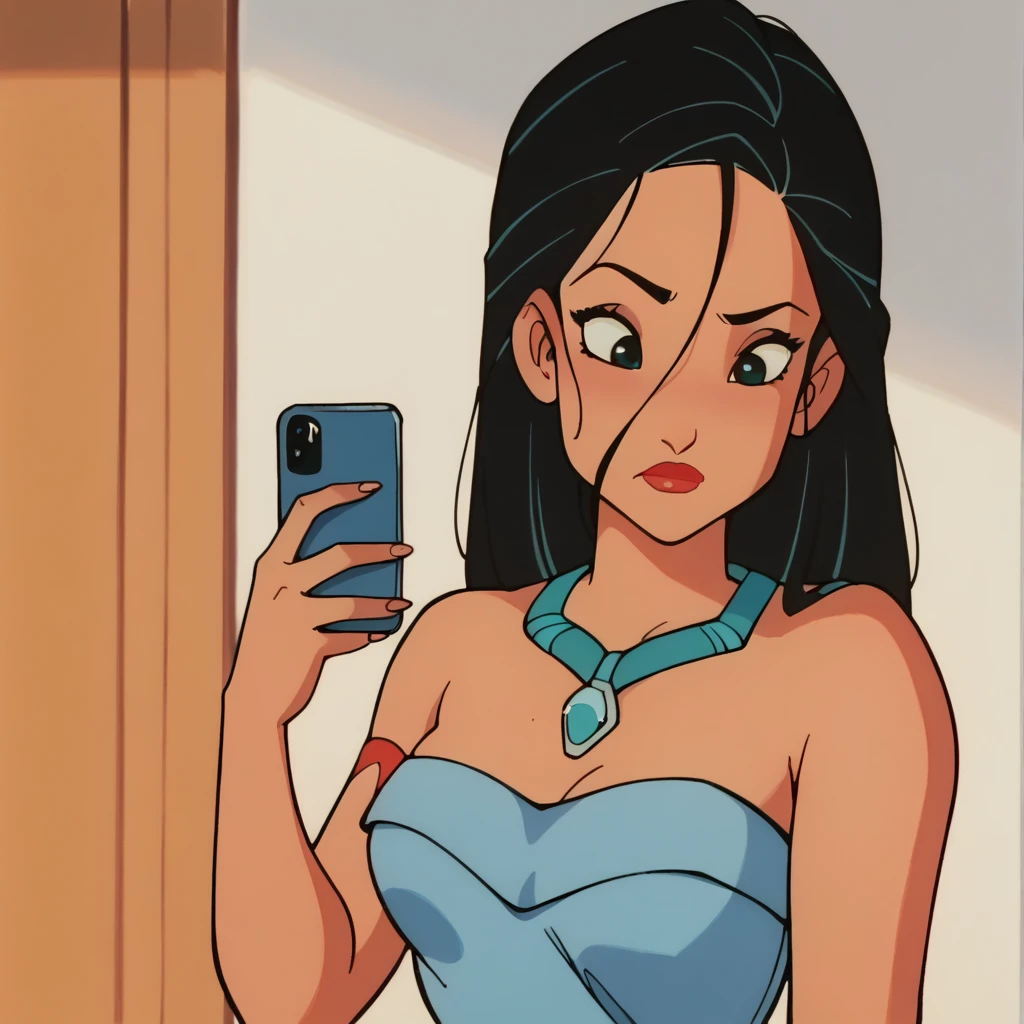 score_9_presence, score_8_up, Pocahontas, wrapped in towel, medium breasts, holding phone
