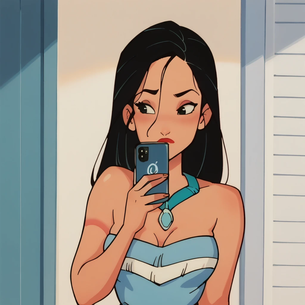 score_9_presence, score_8_up, Pocahontas, wrapped in towel, medium breasts, holding phone
