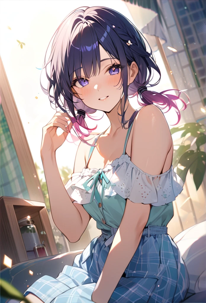 Highest quality　masterpiece　High resolution　masterpieceグレーアイズ　Low Twintails、casual summer outfit　、flowerpunk、Sparkling light particles、Vivid gradient effect