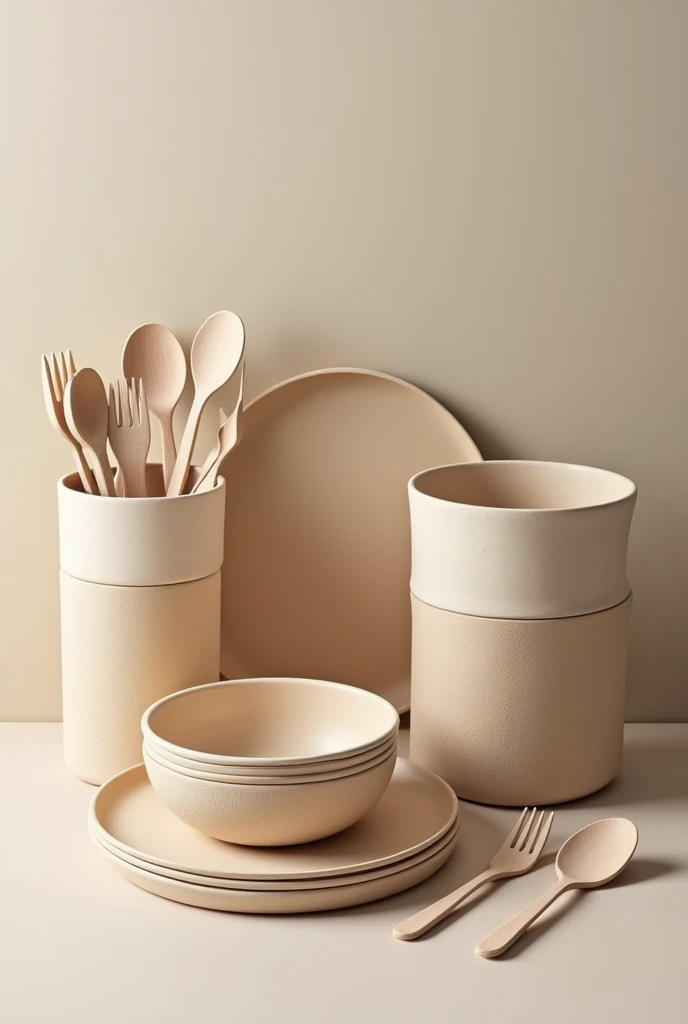Make me a product that made from materials in mushroom like food container, utensils fork and spoon, plates, cups, topperware,