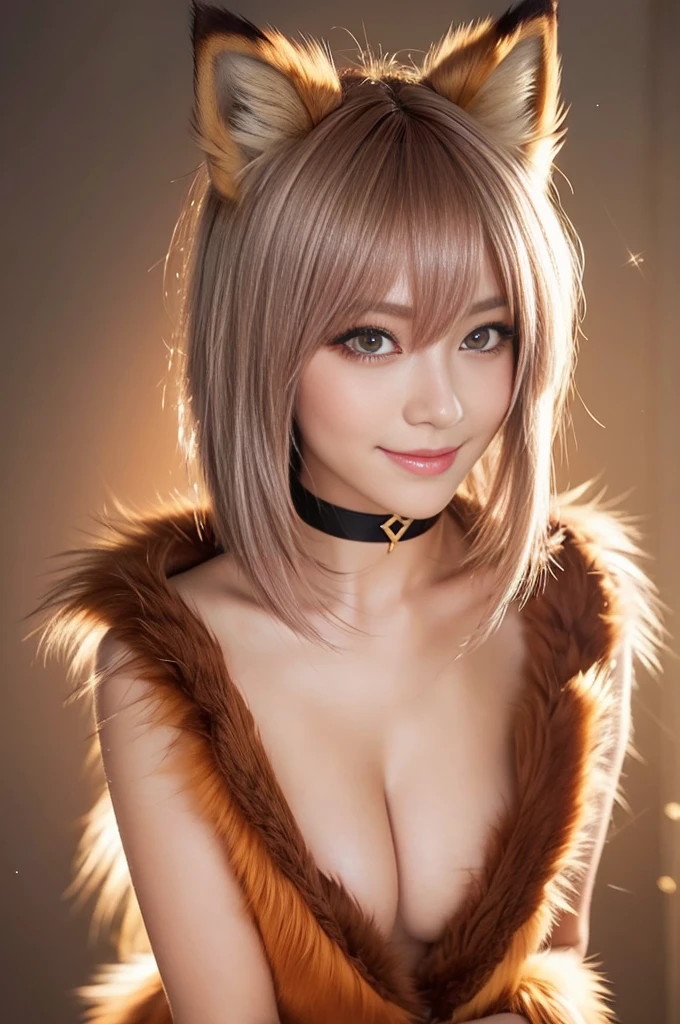 sexy swedish model, (-anime), only 1 model, very short hair, beautiful smile, lip-gloss, long lashes, defined eyebrows, long fur fox color scheme, ((long fur fox cosplay)), fox ears, fox tail, fox choker, look at the camera, cinematic light, (sparkling long fur background), sweet and sexy pose