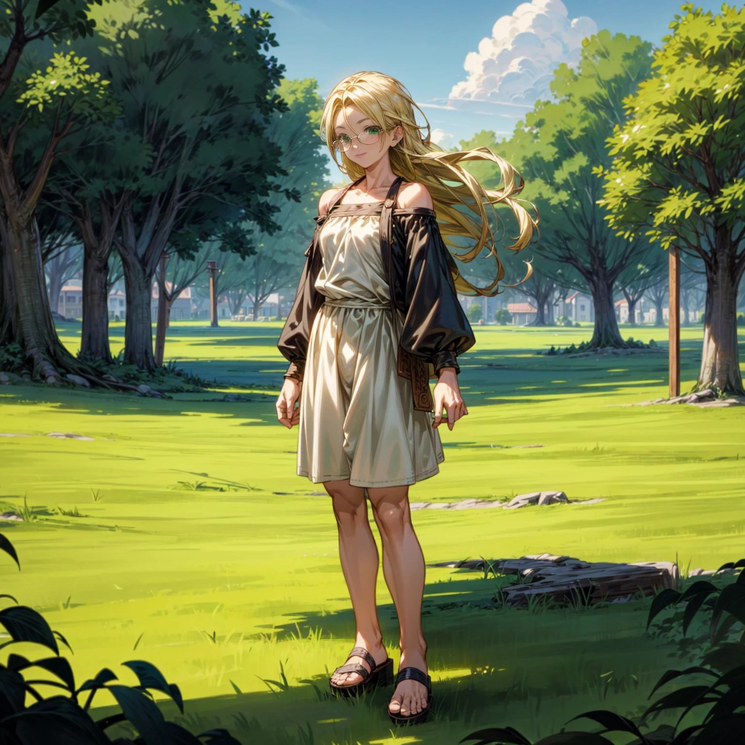 Solo character, full body version, kid girl, muscle, green eyes, blonde color hair, long hair, casual clothing, bare shoulder clothing, sandals, outdoor, town, medieval, morning, standing gesture, detailed background, detailed clothing, detailed hair, happy eyes, (food wars style art), (dragon ball style art), glasses