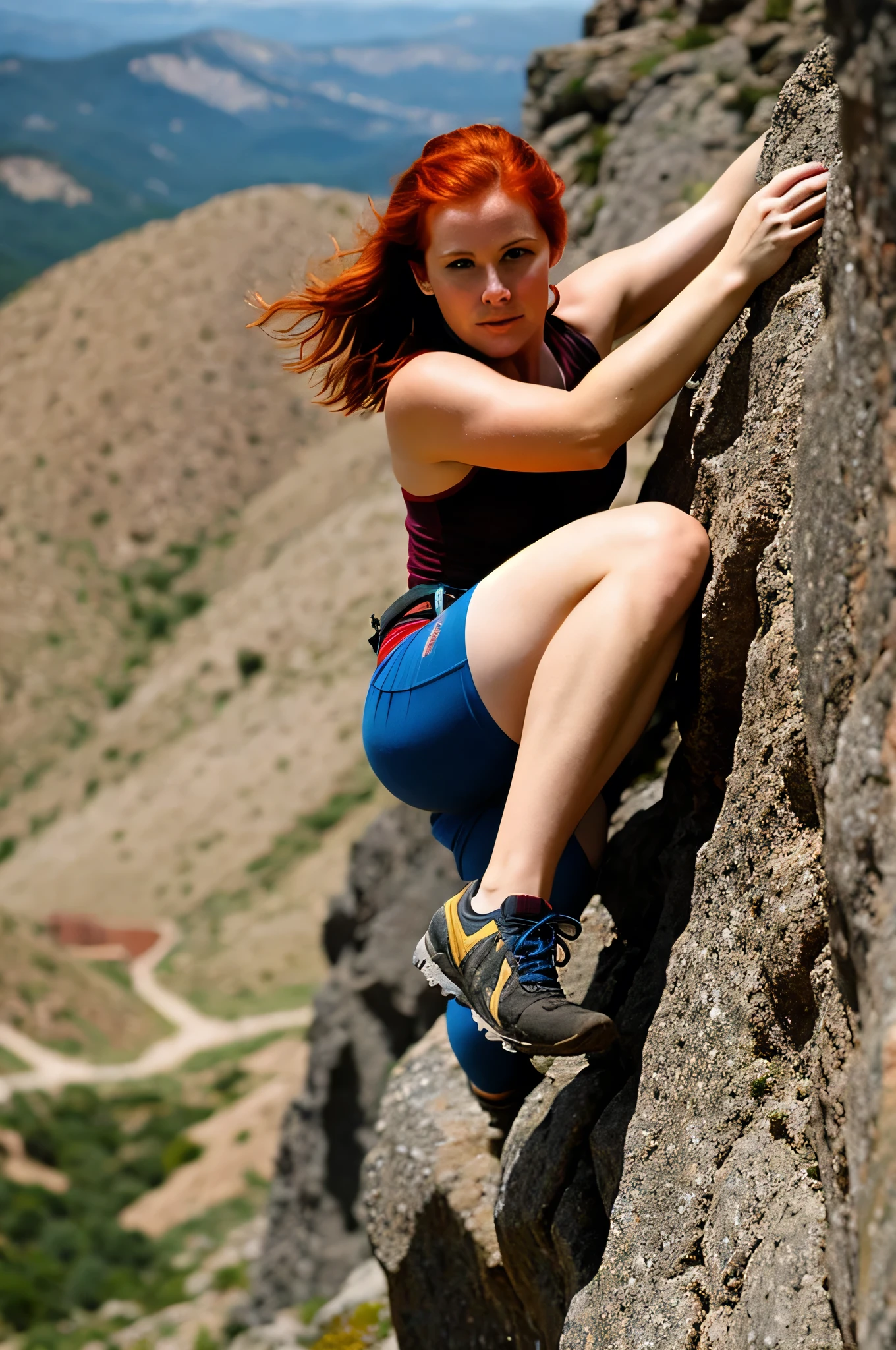 redhead woman, climbing outfit, climbing on mountains, closeup, (muddy:0.6), shallow depth of field, highly detailed, high budget Hollywood film, bokeh, cinemascope, epic, gorgeous, film grain