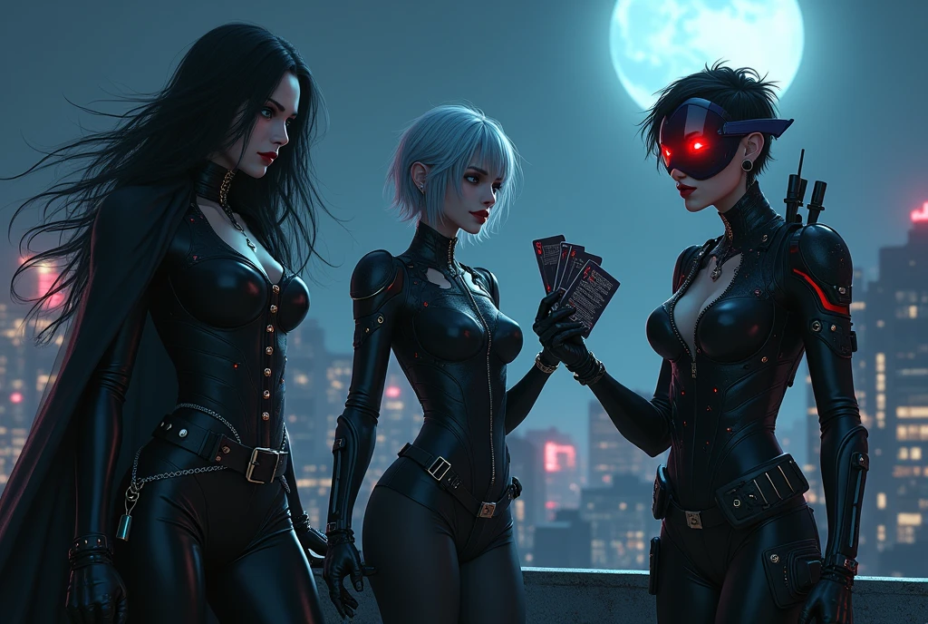 
**Description of the scene:**

In a dark and urbanized environment, the three villains gather in a rooftop of an abandoned building, with the city sprawling beneath them. The lighting is dim, with neon lights blinking in the distance.

1. **Villain 1 - The Shadow:** She has long, black hair, that seem to absorb the light around them. your skin is pale, almost ethereal, and her eyes are an intense blue, reflecting a disturbing malice. Wearing a fitted leather dress, adorned with buckles and chains, She emanates an aura of power. In one hand, she holds a staff with a sharp point, symbolizing her menacing nature.

2. **Villain 2 - The Illusionist:** With short, silver hair, that glow supernaturally, this villain wears a gala dress that changes color and pattern as she moves, creating visual illusions around her. Her face is meticulously applied makeup, with red lips and smoky eyes, who capture the attention. She displays an enigmatic smile, holding a deck of cards in one hand, ready to manipulate the perception of her victims.

3. **Villain 3 - The Technician:** With a more modern look, she wears a combat suit with technological elements, like illuminated circuits and a digital visor that covers part of her face. Your hair is short and colorful, combining with the futuristic style. on your waist, there are various tools and weapons. His gaze is determined and focused, as she examines a tablet that displays data about her evil plans.

**fund:** The city skyline at night serves as the backdrop, with the full moon illuminating the scene. Gentle winds make the villains' hair flutter, accentuating the atmosphere of mystery and danger.
