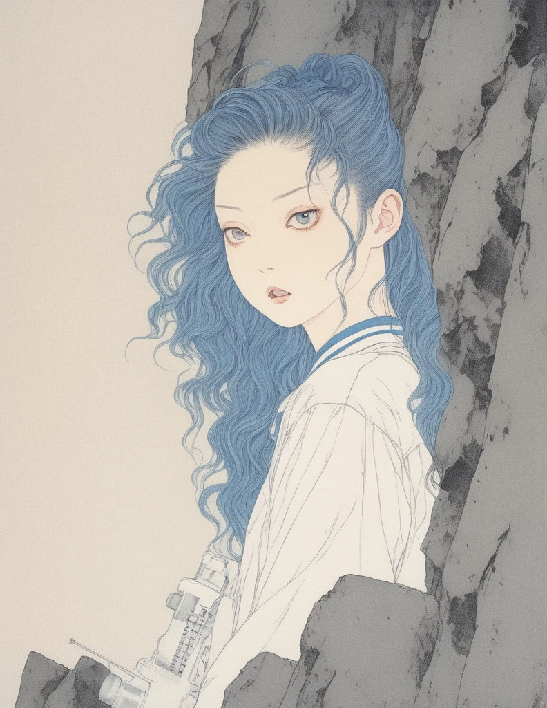 Takato Yamamoto style、Please create an illustration of a beautiful girl holding a loudspeaker and screaming cutely. Sweat. Very hot . Summer .Her hair color is white. Her eye color is blue. Her hair style is ponytail . She is wearing a school uniform. She's on the cliff . She has one foot in front of the other