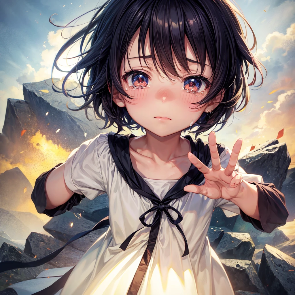 Anime little boy waving goodbye while tears roll down eyes. Only show top half of body. Face facing towards camera.