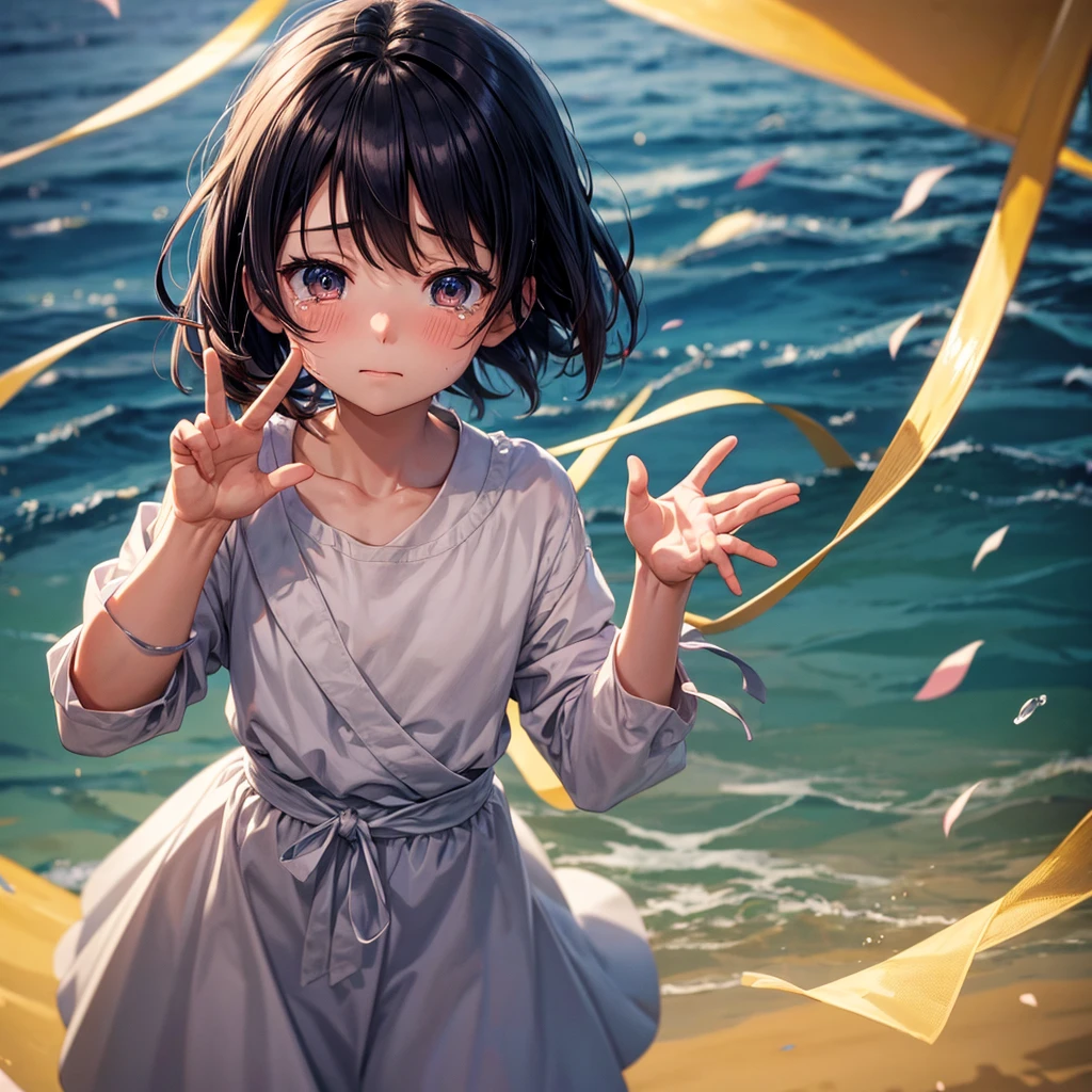 Anime waving goodbye while tears roll down eyes. Only show top half of body. Face facing towards camera.