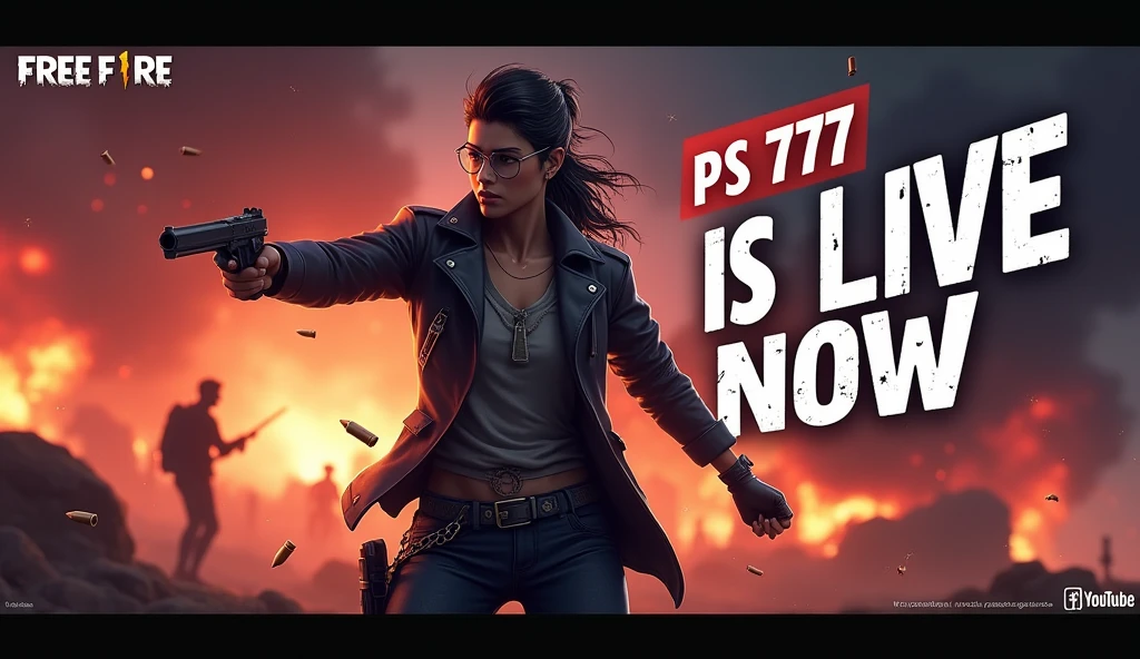 **Text Prompt:**
"Create a visually stunning YouTube thumbnail for a Free Fire gaming live stream. The thumbnail should have a 16:9 aspect ratio and be designed to grab attention immediately. Use the following elements:
1. **Background:** A dark, intense battleground scene with dramatic lighting. Incorporate elements like explosions, fire, or an epic sunset to enhance the atmosphere. The colors should be vibrant, with a focus on high-contrast tones such as deep reds, fiery oranges, and dark shadows to create depth and intensity.
2. **Main Character:** Place a popular Free Fire character (like Alok, Chrono, or Kelly) prominently in the center. The character should be depicted in an action pose, such as shooting, running, or celebrating a victory. Ensure the character is well-lit, with highlights that make them stand out against the background.
3. **Text:** Include the text 'PS 777 is LIVE NOW' in large, bold, uppercase letters. The font should be modern and easily readable, with a mix of white and yellow colors. Add a subtle shadow or glow effect around the text to make it pop against the background. The word 'PS 777' can be emphasized with a bright red circle or a glowing effect to draw attention.
4. **Additional Elements:** Consider adding smaller details like bullet shells, sparks, or debris flying around to create a sense of motion and energy. A small red 'LIVE' indicator or icon can be placed in the top corner to clearly show it's a live stream.
5. **Branding:** Include a small logo or watermark in one of the corners, ensuring it doesn't distract from the main content but still helps in building brand recognition.
6. **Color Scheme:** Stick to a cohesive color scheme that emphasizes the intensity and excitement of the game. Use high-contrast colors to make key elements stand out, like the character and text, against the darker background.
7. **Overall Composition:** The layout should be clean yet dynamic, with a clear focal point on the character and tex