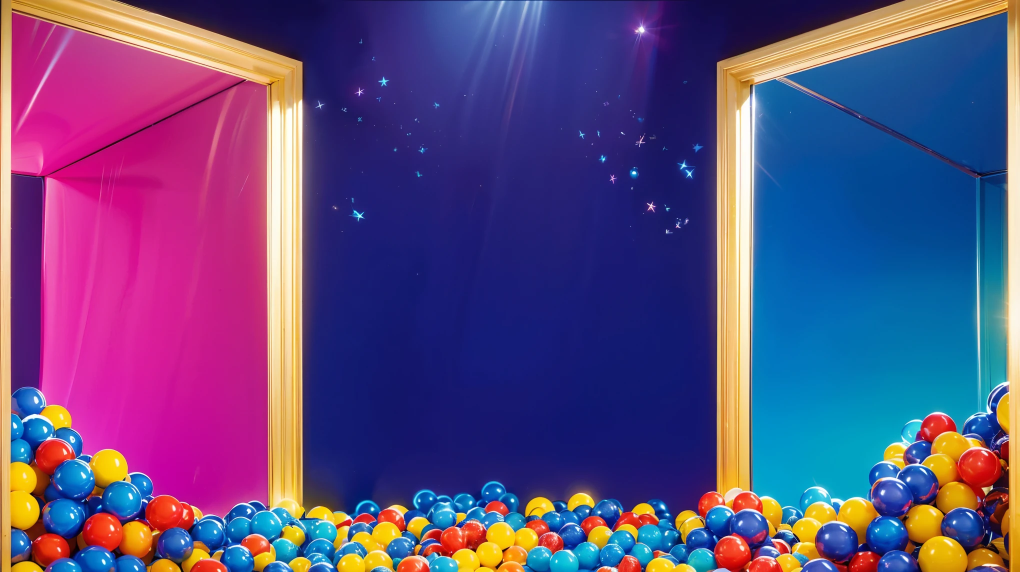 plastic balls plastic balls plastic balls plastic balls plastic balls This whimsical image features two doorways, each leading to a different vibrant and playful setting. The left door reveals a room filled with multicolored balls, creating a lively and fun atmosphere. The right door opens to a serene and calm blue room, emitting a peaceful ambiance. The central space between the doors is filled with a mesmerizing blue sky background, sprinkled with twinkling stars and gentle light rays, enhancing the magical feel of the scene. This delightful contrast highlights a choice between energetic play and tranquil relaxation. The purple background complements the costume, creating a vibrant and engaging scene. (glossy plastic texture with multiple big light probe refractions), perfect cgi, smooth silhouette, high intensity refraction, (super glossy plastic material), most beautiful vfx, , realistic, 4k, high resolution, rim light, smooth 3d model, multiple light sources, rim light, sharp post effects render,, realistic, 4k, high resolution, rim light detailed digital art, reflective, best quality, 4k, masterpiece:1.2, ultra-detailed, realistic, vivid colors, The image of the highest quality, ensuring every detail showcased perfectly. It in 4k resolution, allowing viewers to immerse themselves in the richness of the colors and intricate details. The realistic rendering. under the spotlight, reflecting, high-resolution image, realistic rendering