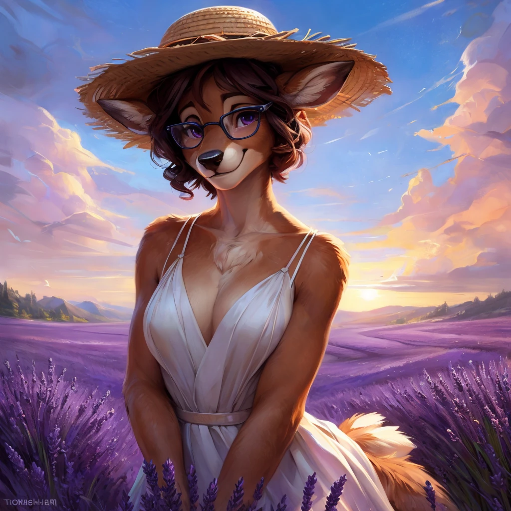 uploaded on e621, artstation, by Pixelsketcher, by Bayard Wu, by Thomas Benjamin Kennington , by Einshelm, by hioshiru and kenket, Chunie, portrait, solo anthro female deer doe, with small featureless breasts, clear dark blue, cinematic lighting, day, sunny day, lavender field, stays in a lavender field, lavender field background, mediterranean background, horizon background, shiny, short curly dark brown hair, wears big black nerd glasses, very very beautiful furry art, furry art, smiling, joyful, shiny, happy, feminine, cute face, muzzle, fluffy chest, flawless face, Fallow deer, 1girl, Sakimichan is beautiful, Masterpiece, Wavethesallow Face, shiny, Detailed image, portrait, Detailed image, portrait, full body, wearing pure white and wide spaghetti straps dress, wearing big and wide beige summer straw hat, shiny, realistic face, perfect anatomy, hourglass body, (furry body:1.1), anthropomorphic deer, looks at the viewer, small fluffy tail, detailed background, (cute anatomy:1.1), walks in a lavender field, a few cypress trees in the background