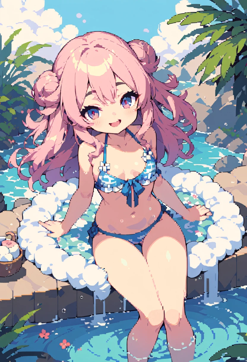 masterpiece, Highest quality, 8k, Pixel art, Pixel art, Vivid, woman, 若いwoman, smile, cute, Directed at an angle, Open your mouth, Fluffy hair, Long Hair, Hair like sheep's hair, Pink Hair, eyebrow, 太いeyebrow, Swimwear, Bathing