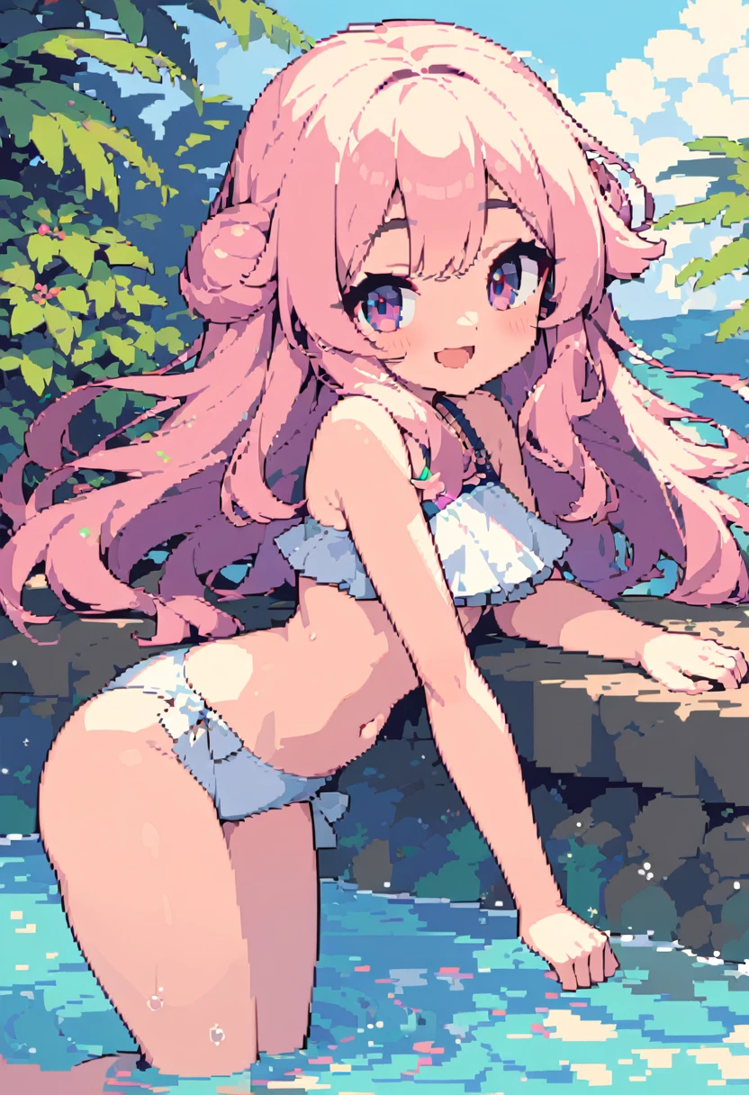 masterpiece, Highest quality, 8k, Pixel art, Pixel art, Vivid, woman, 若いwoman, smile, cute, Directed at an angle, Open your mouth, Fluffy hair, Long Hair, Hair like sheep's hair, Pink Hair, eyebrow, 太いeyebrow, Swimwear, Bathing