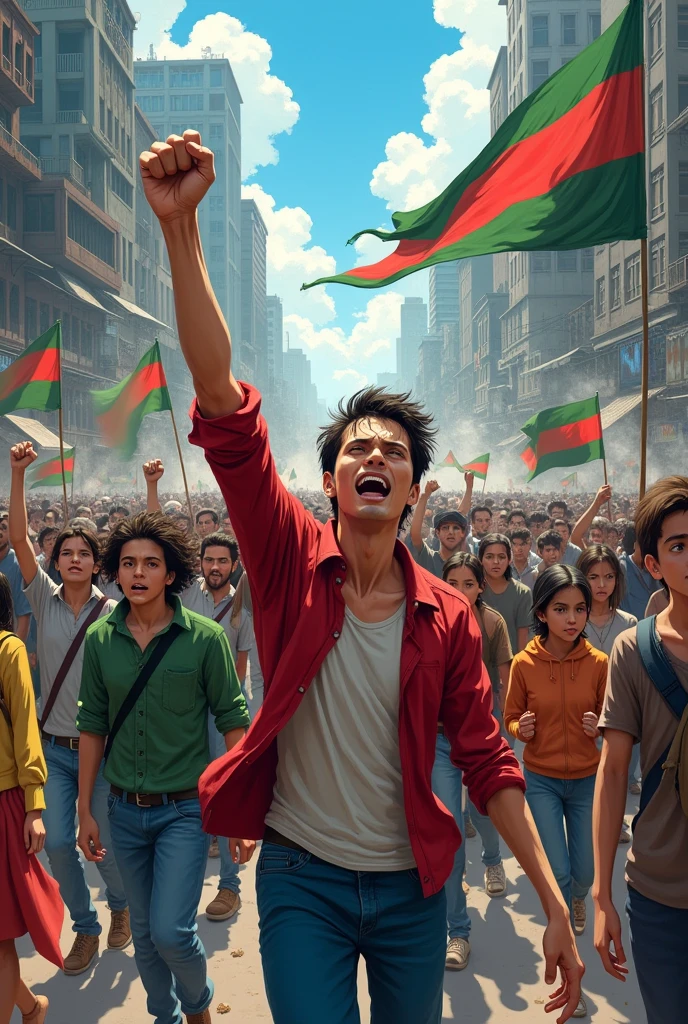 Movement on the streets of Bangladesh with 8 point demands. The student agitator must be a handsome Hindu youth. Also "8 points" should be written and the flag of Bangladesh should be shown.