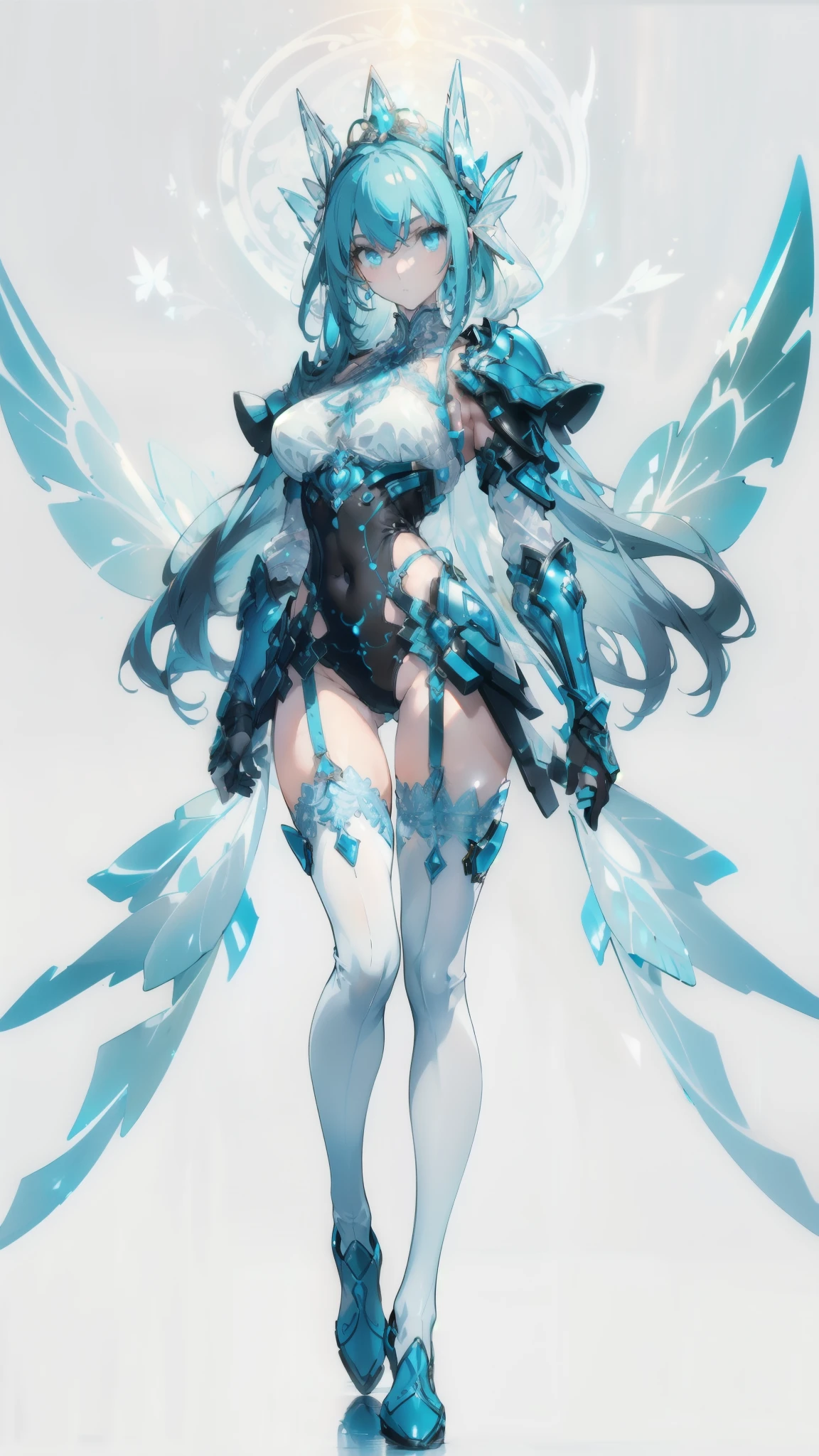 ((masterpiece, best quality)), Delicate face,Cyan futuristic fairy priest wearing body armor,whole body,Standing picture,Long legs,Natural breasts,Perfect body proportions,Beautiful golden eyes,Extremely beautiful,transparent, Pure white background,_underwear,Sexy_Bikini,Lace,Garter