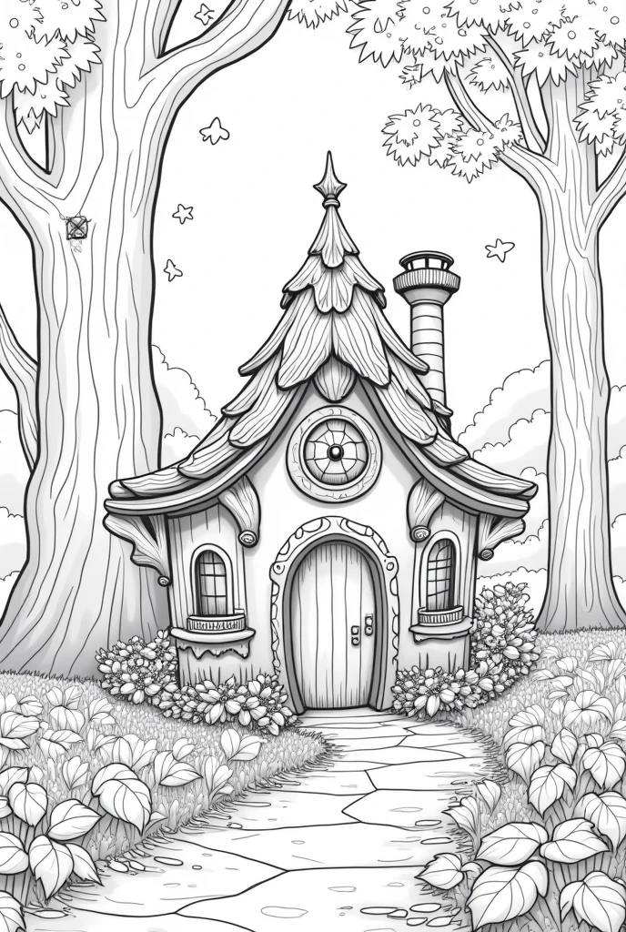 Fairy house nature background high details black and white coloring books pages