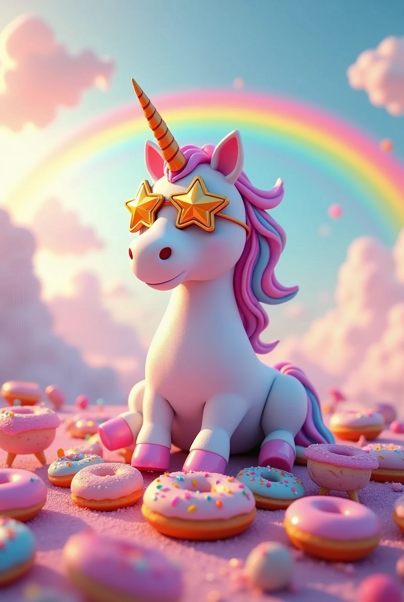 3d model, Unicorn with a colourful rainbow coloured mane sitting on a colorful array of candies and sprinkled donuts, a few billowy clouds in a bright sky, a huge rainbow arcing overhead, adorned with star-shaped party goggles reflecting the surrounding colors., figure, octane render volumetric, highly detailed videogame aesthetic, pastel, soft tones, golden hour glow