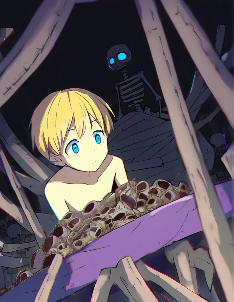 1 cute boy wearing old, ripped pants, naked on top,yellow hair,blue eyes,Sitting on a pile of skeletons in a dungeon,Brutal and scary,high angle