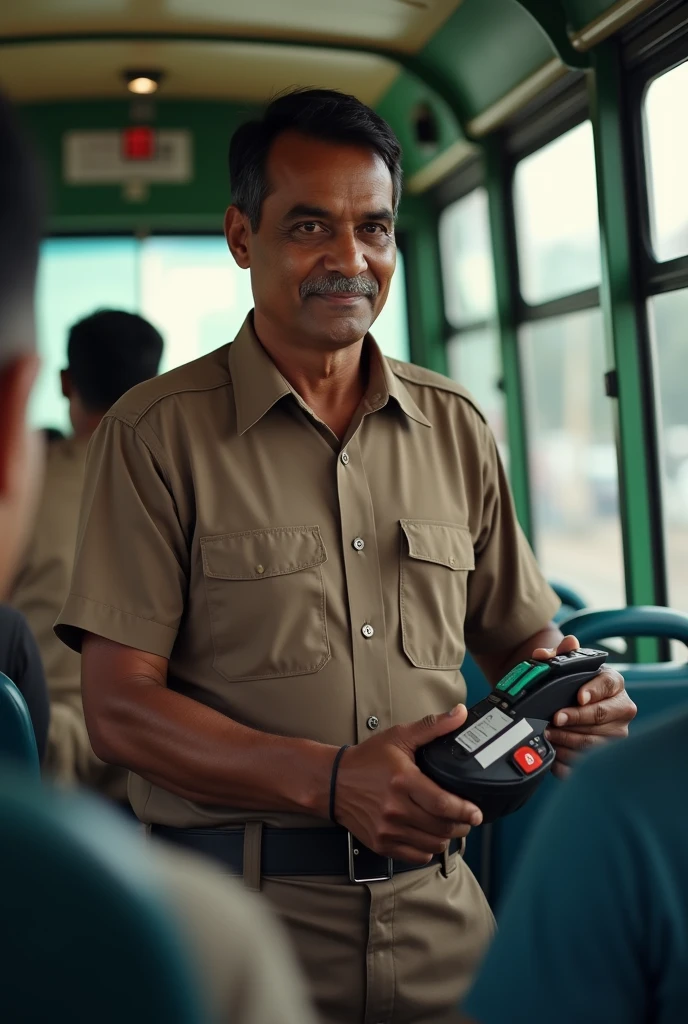 sri lankan man standing in the bus with a little  ticket machine in his hand , black short hair , brown , tired face with a little smile, age about 45 , brownish uniform , talking with a passenger 