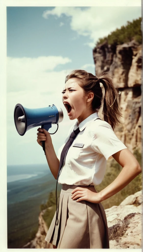 (emotive storytelling:1.4), real-life drama on Polaroid, emotional depth in vintage tones, intense moments captured, raw vulnerability in aged film, human resilience in sepia、Please create an illustration of a beautiful girl holding a loudspeaker and screaming cutely. Sweat. Very hot . Summer .Her hair color is white. Her eye color is blue. Her hair style is ponytail . She is wearing a school uniform. She's on the cliff . She has one foot in front of the other.