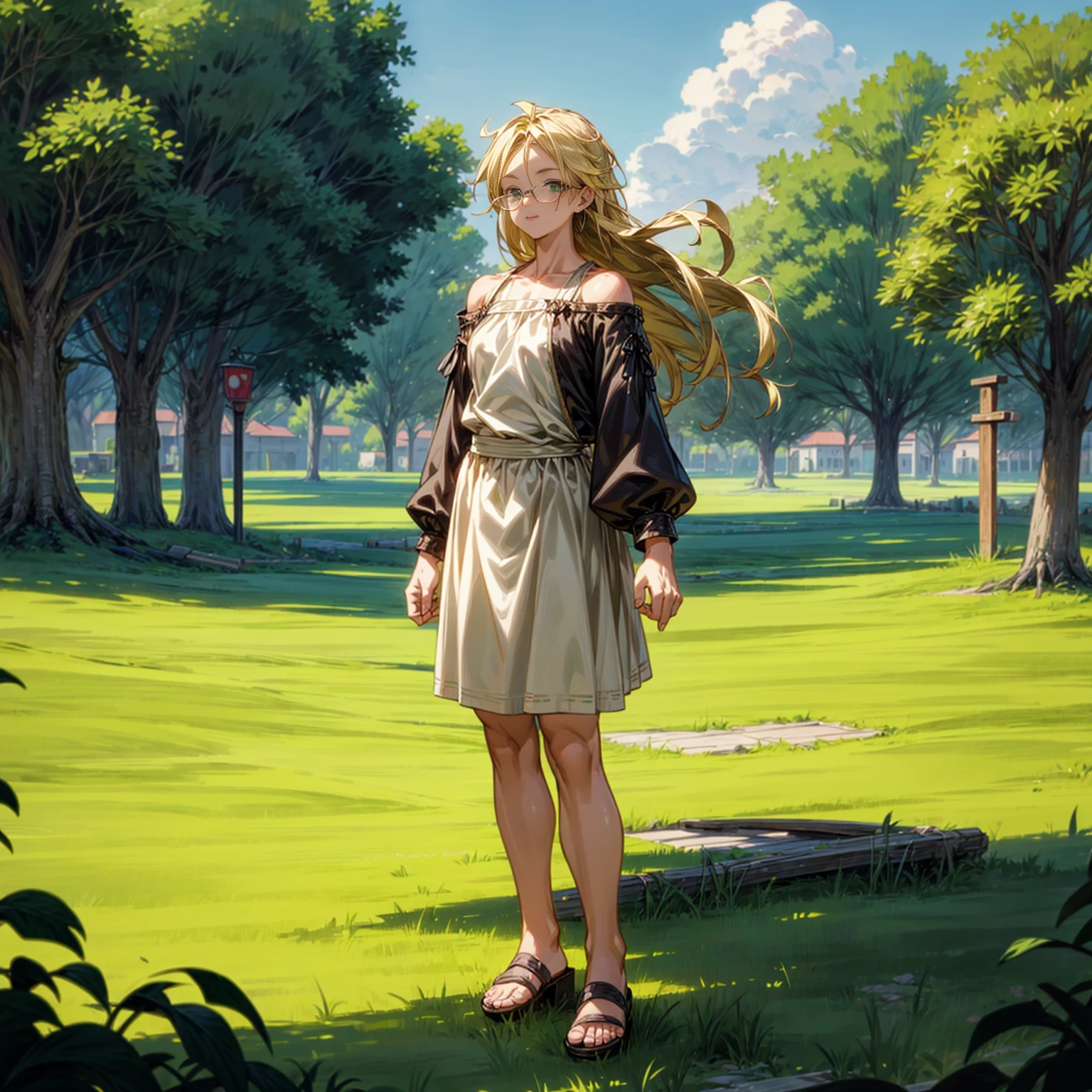 Solo character, full body version, ??? girl, muscle, green eyes, blonde color hair, long hair, casual clothing, bare shoulder clothing, sandals, outdoor, town, medieval, morning, standing gesture, detailed background, detailed clothing, detailed hair, happy eyes, (food wars style art), (dragon ball style art), glasses