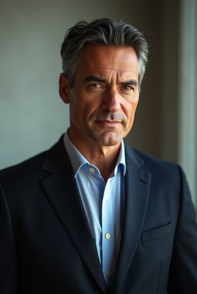 very handsome man in his thirties, with deep eyes, thick brows, the photo was taken by a professional photographer using 70mm prime lens with 2 aperture, the photo is half body andthe man is dress in a formal suit, the photo is crystal clear and focus on the man 