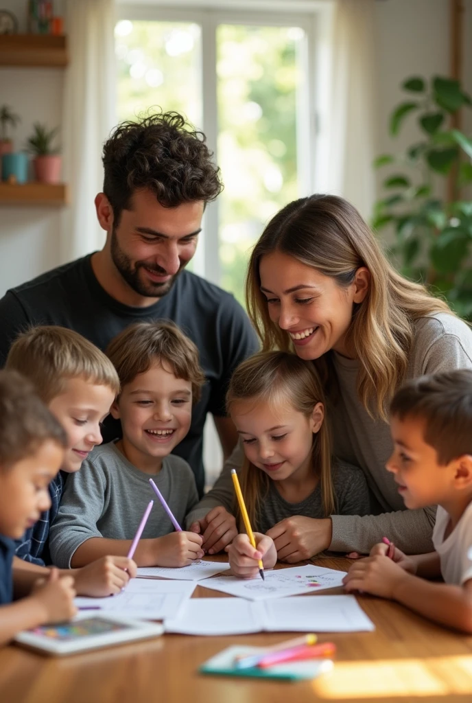 Create a picture that is with six children with a father and mother. doing assignments together