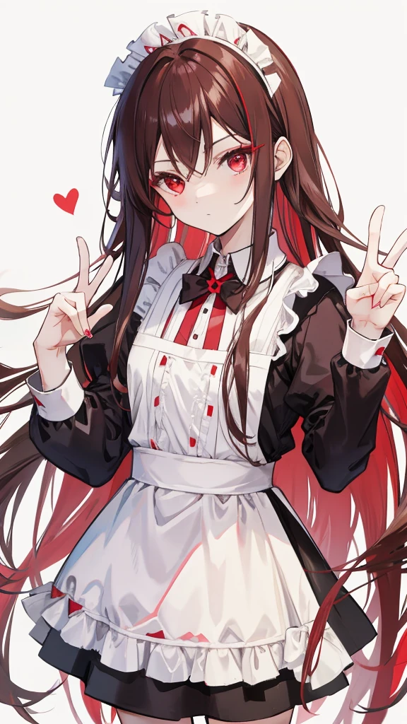 Maid clothes,Red eyes,Long Hair,Brown Hair,girl,He is making a peace sign with his left hand and looking at me.,Smooth hair,