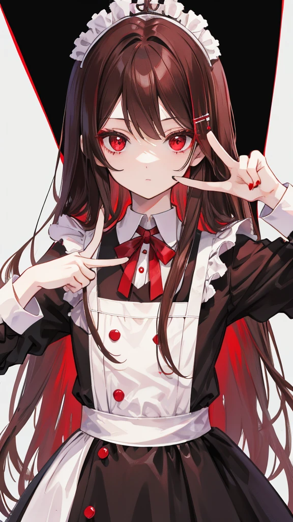 Maid clothes,Red eyes,Long Hair,Brown Hair,girl,He is making a peace sign with his left hand and looking at me.,Smooth hair,