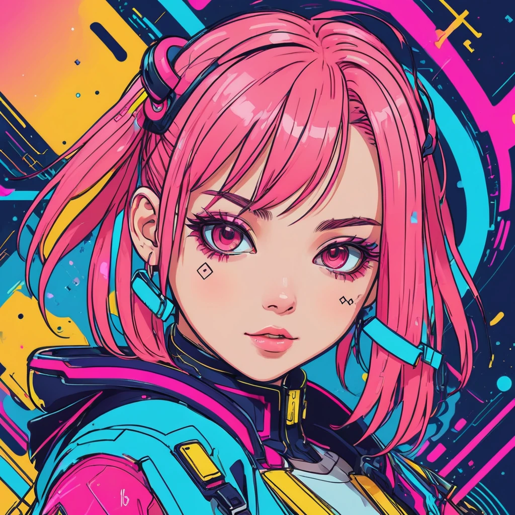 cheered up, A girl, kawaii, cyberpunk, showy, ink paint line art, vector art, thick lines, glitch art, Flat colors, Clave visual, Vibrant, Technical drawing, line art, minimalist, Masterpiece,