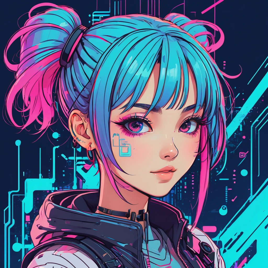 cheered up, A girl, kawaii, cyberpunk, showy, ink paint line art, vector art, thick lines, glitch art, Flat colors, Clave visual, Vibrant, Technical drawing, line art, minimalist, Masterpiece,