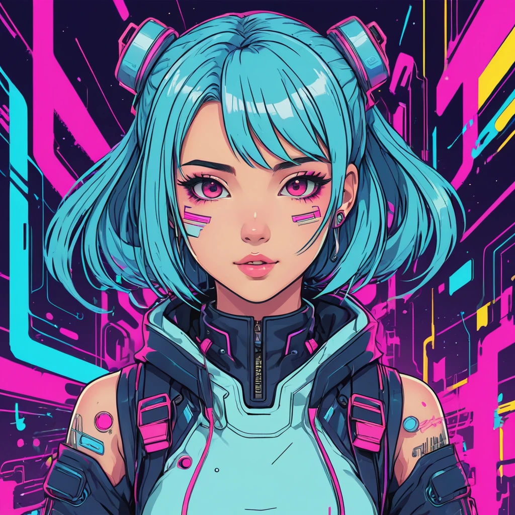 cheered up, A girl, kawaii, cyberpunk, showy, ink paint line art, vector art, thick lines, glitch art, Flat colors, Clave visual, Vibrant, Technical drawing, line art, minimalist, Masterpiece,
