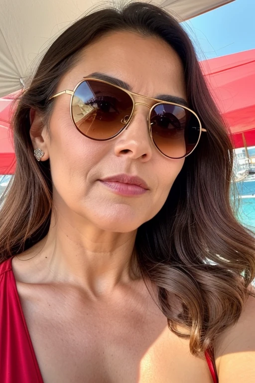 beautiful woman of 45 years old, looking directly at the camera, very realistic, instagram selfie, closeup face, , film grain, fit muscular body, big breasts, focus on face, clothes too tight, disappointed in viewer　Gold eyes,	Red、Wave Vintage Dress、Big sunglasses Antiques Vintage style、Retro	