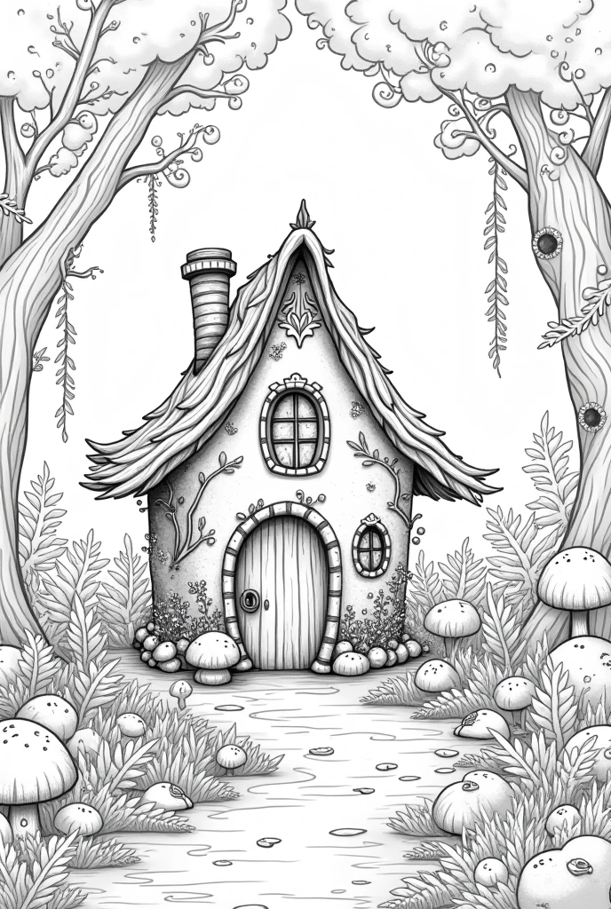 Fairy house nature background high details black and white coloring books pages