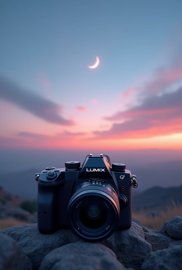 Lumix g7 Camera on foreground over a photo diary photographing photography of beautiful last star and moon of early morning sky hyper realistic image