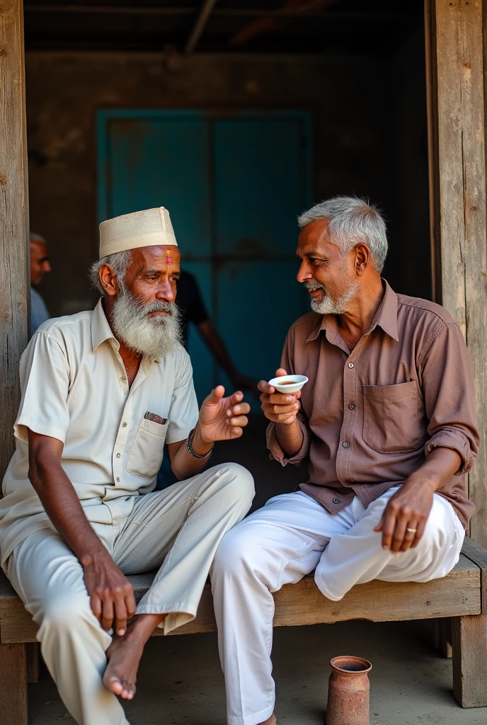 Bangladesh Center Focus: A small tea stall with a few people sitting together. The stall has an old wooden bench where a Muslim man with a traditional prayer cap and a Hindu man with a tilak on his forehead share a cup of tea and a friendly conversation. 