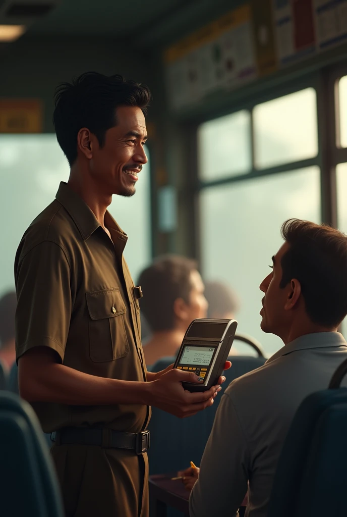 sri lankan man standing in the bus with a little  ticket machine in his hand , black short hair , brown , tired face with a little smile, age about 45 , brownish uniform , talking with a passenger 
side view
