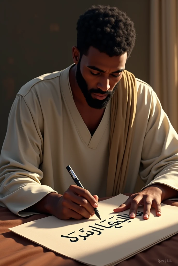 Generate an image of a black Agadez man in simple clothing writing in Arabic Mohamed the messenger of Allah