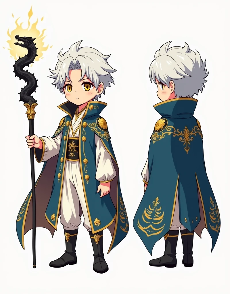 (FULL BODY CHARACTER DESIGN SHEET) (high resolution) A character design sheet featuring a young male with an otherworldly, humanoid dragon appearance. He has white hair styled in a 'comma' shape, wavy and slightly curled, common in anime. His golden eyes have reptilian slits, giving him a dragon-like quality. He wears a beautiful, noble outfit reminiscent of historical manhwa, featuring a regal color palette of deep blues, golds, and whites. The outfit includes a high collar, flowing cape, and intricate embroidery with ornate buttons. Despite his cute appearance, his expression is flat and emotionless, as if detached from the world around him. He holds a dark magic wand, adorned with a dragon motif and glowing faintly with an ominous light. The background of the design sheet is neutral, focusing on the character from multiple angles, including a close-up of his face, the full body, and the wand's details. The overall style should resemble character design sheets often seen in anime or manhwa, with clear lines and detailed shading to highlight his mysterious aura and intricate clothing details. (FULL BODY CHARACTER DESIGN SHEET) (3:4 CHARACTER DESIGN SHEET)