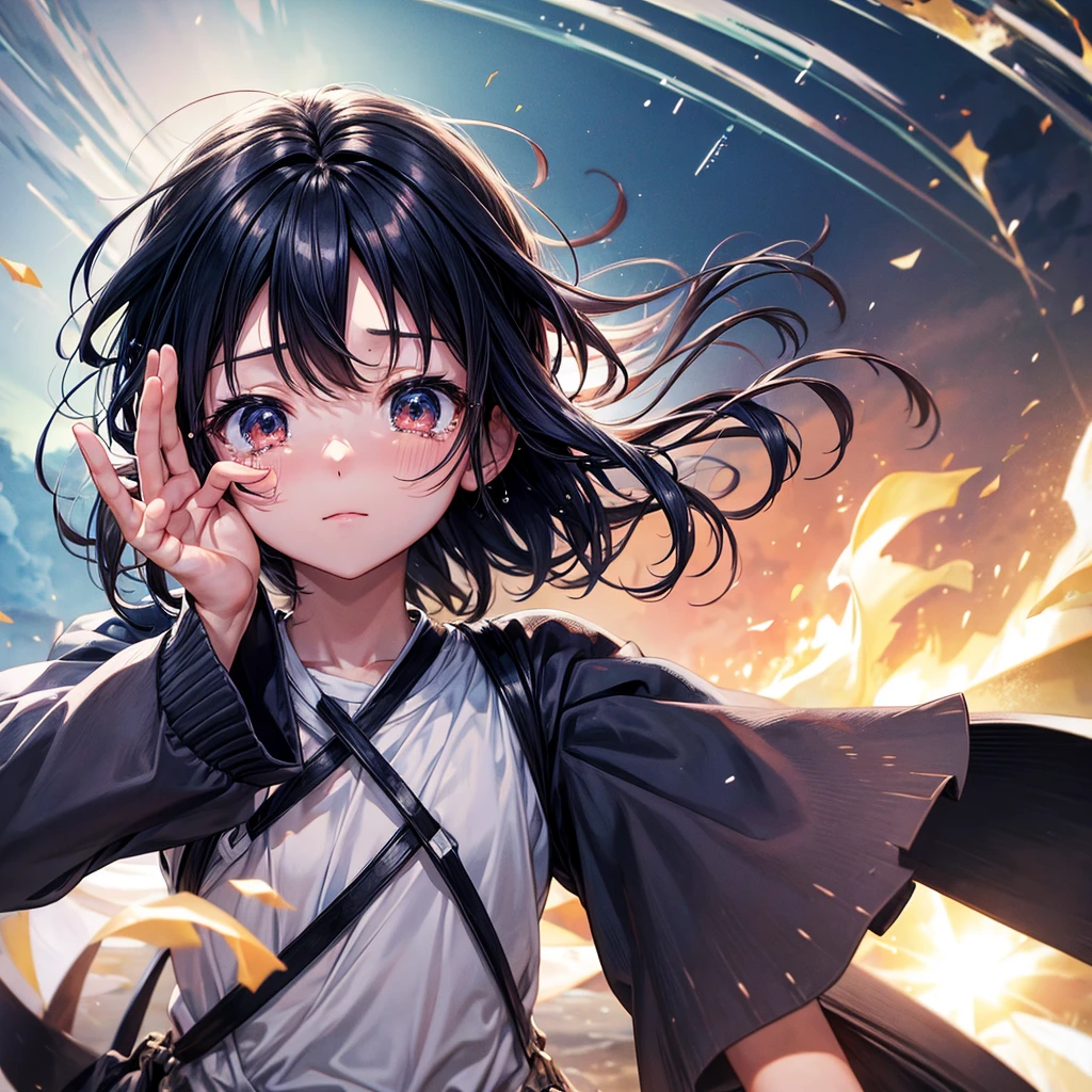 Anime little boy waving goodbye while tears roll down eyes. Only show top half of body. Face facing towards camera. Zoom more towards face