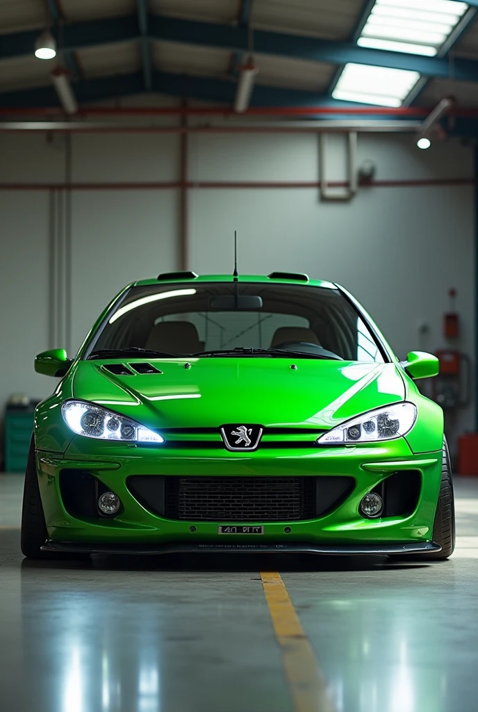 Restyling of a Peugeot 206 hatchback, two doors, green color, with a closed white grill, with LED lights in the shape of fangs, propeller-shaped sports rims. Show in a brightly lit warehouse during the day. Full view.