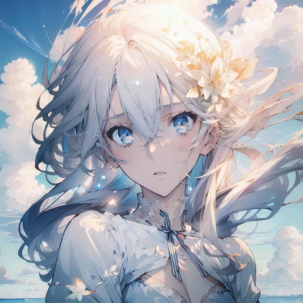 ((masterpiece, best quality)), Sky，Clouds surround，Delicate face，Beautiful goddess，whole body，Long legs，Perfect body proportions，beautiful eyes，Extremely beautiful，transparent， Pure white background，Sexy Lingerie，sexly，Lace,NUDE