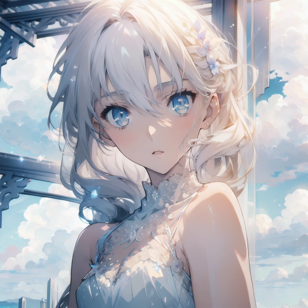 ((masterpiece, best quality)), Sky,Clouds surround,Delicate face,Beautiful goddess,whole body,Long legs,Perfect body proportions,beautiful eyes,Extremely beautiful,transparent, Pure white background,Sexy Lingerie,sexly,Lace,NUDE