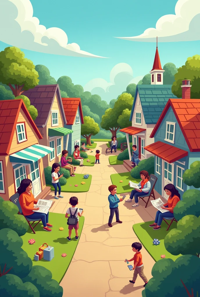 Imagine a small town where everyone is busy reading newspapers, watching news on TV, or checking the news on their phones. In the park, ???? are learning about how news works. At the town hall, a journalist is interviewing the mayor to share important information with everyone. The community is happy because they know what's happening and can trust the news they get. (Make sure that a ??? would be able to draw it)